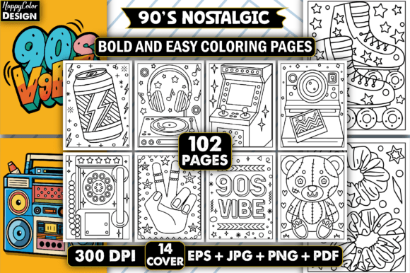 Download 90's Nostalgic Bold &amp; Easy Coloring Book - Easy Collection
